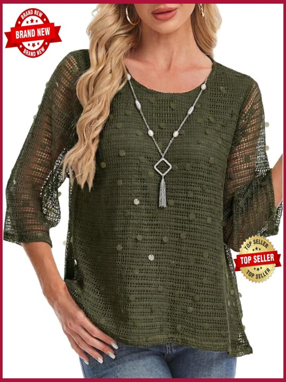 Crochet Knit Pullover Blouse 3/4 Bell Sleeve Hollow Out Casual Loose Fit